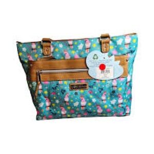 NWT Lily Bloom Teal Flamingo Print Tote with Tan Trim